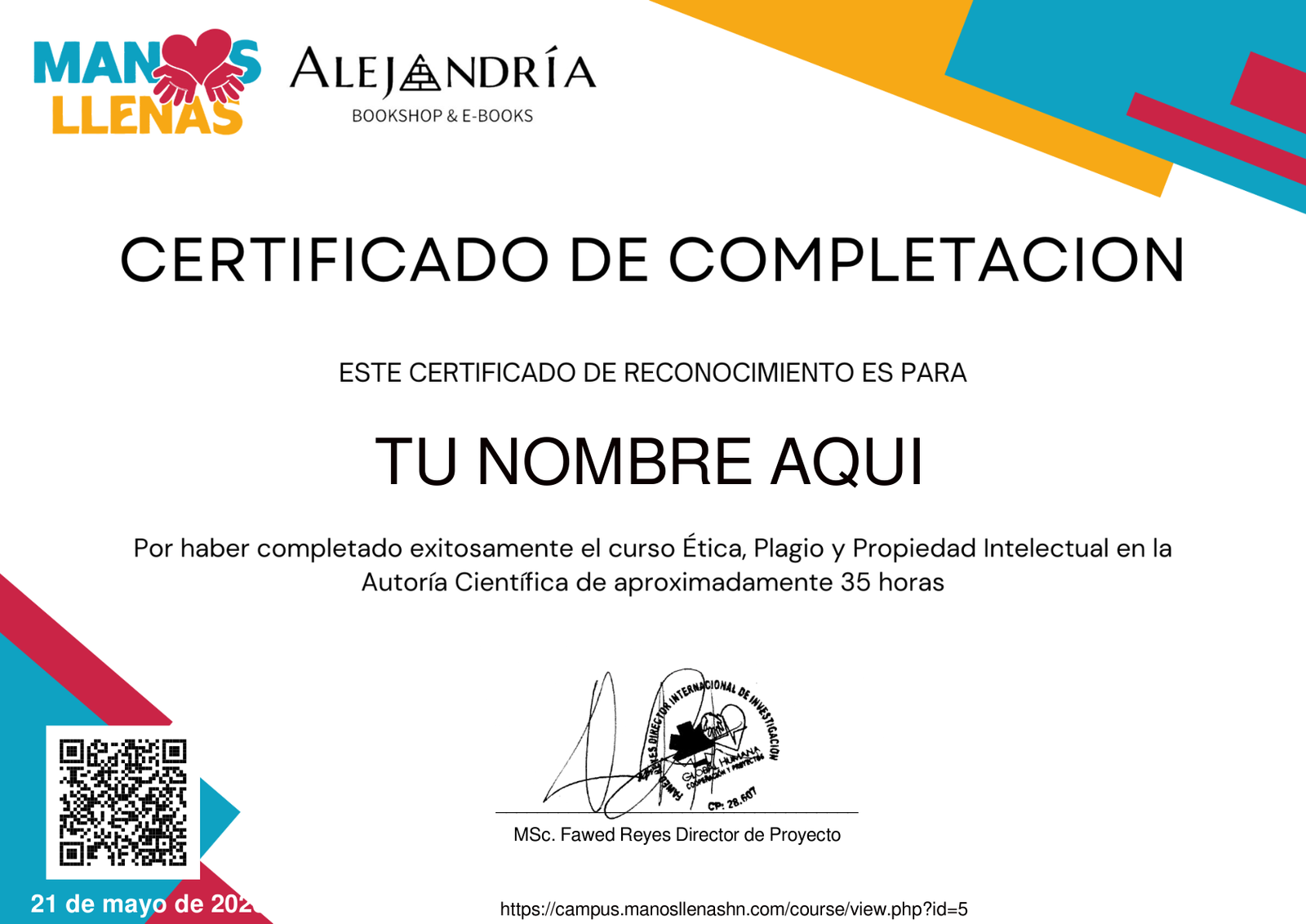 Vista previa del certificado de completación